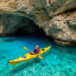 **Marine Cave Exploration**: Create an image of a person kayaking through stunning turquoise waters, exploring magnificent marine caves. The scene should include colorful fish and vibrant coral visible through the clear water, showcasing the beauty of Malta's natural wonders.