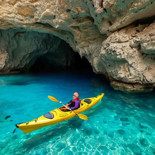 Home 7 **Marine Cave Exploration**: Create an image of a person kayaking through stunning turquoise waters, exploring magnificent marine caves. The scene should include colorful fish and vibrant coral visible through the clear water, showcasing the beauty of Malta's natural wonders.