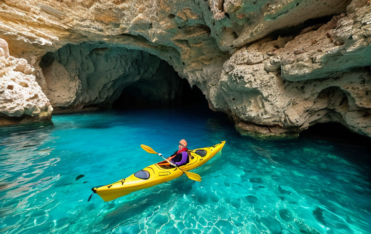 **Marine Cave Exploration**: Create an image of a person kayaking through stunning turquoise waters, exploring magnificent marine caves. The scene should include colorful fish and vibrant coral visible through the clear water, showcasing the beauty of Malta's natural wonders.