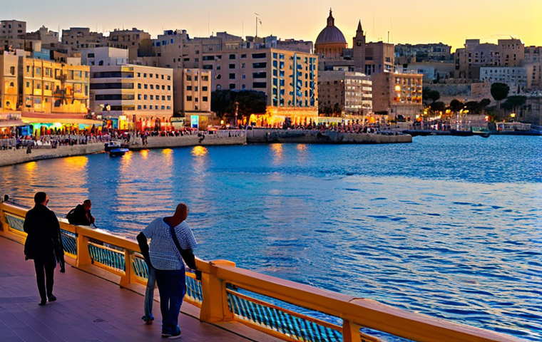 Sliema Promenade**
A wide shot of the Sliema promenade at sunset, Malta. Colorful fishing boats gently bob in the harbor. Locals and tourists stroll along the waterfront, enjoying "gelato". Buildings with colorful balconies line the background. Fully clothed people, appropriate attire, safe for work, perfect anatomy, natural proportions, professional photography, high quality.
**